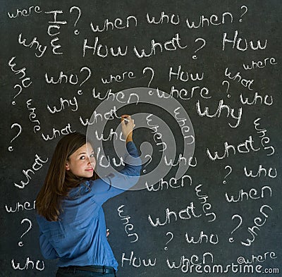 Thinking business woman with chalk questions