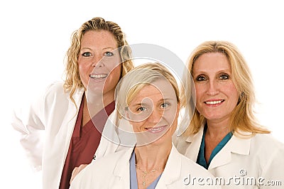 Three doctors or nurses in medical lab coats
