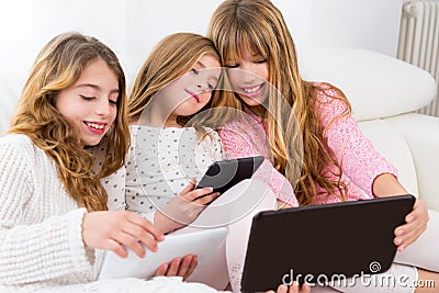 Three kid sister friends girls group playing together with table