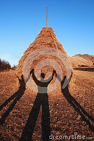 Three shadows holding hands on haystack