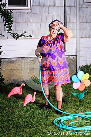 Tired granny doing yard work
