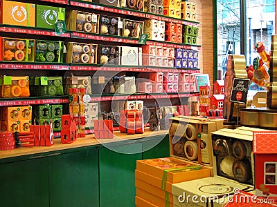 Toileteries in gift boxes in a store.