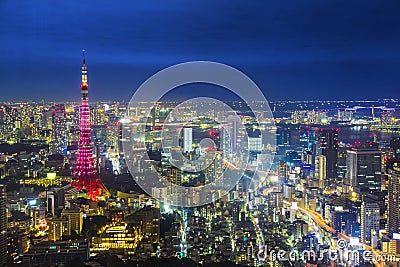 Tokyo cityscape scene night time from sky view of the Roppongi H