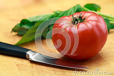 Tomato Basil And Knife On Cutting Board