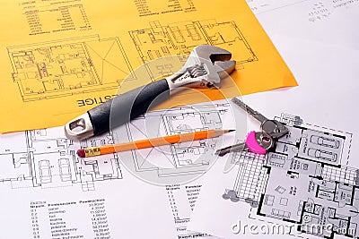 Tools on Blueprints including monkey wrench, keys
