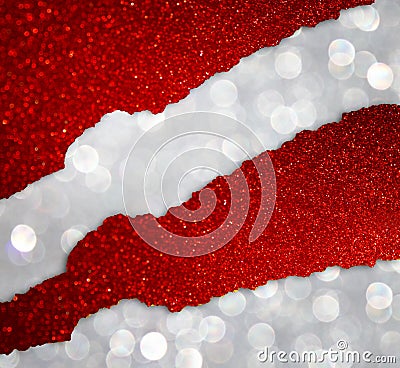 Torn red paper with glitter lights over silver bokeh lights background