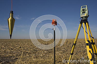 Total station, prism and plumb-bob