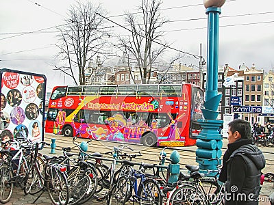 Tour bus on the street in Amsterdam . Netherlands