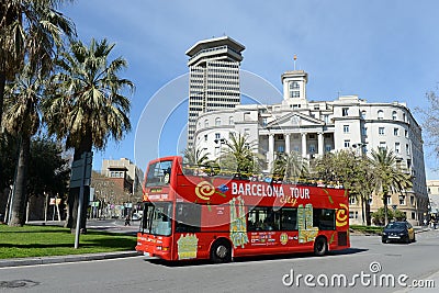 The tour bus on the streets in Barcelona, Spain
