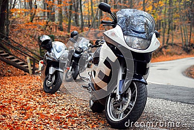 Touring Motorcycle Blue white parked Forest Road