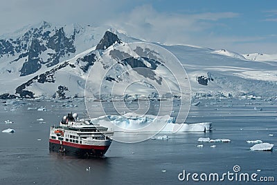 Tourist boat on a summer day in the strait near the Antarctic Pe