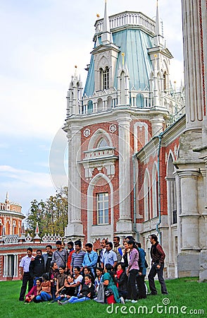 Tourists take a photo in Tsaritsyno park