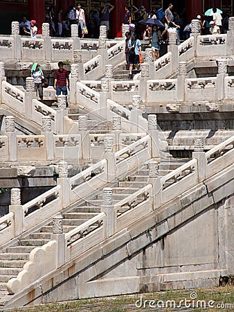 Tourists walking the ornamental stairs leading to one of the mai
