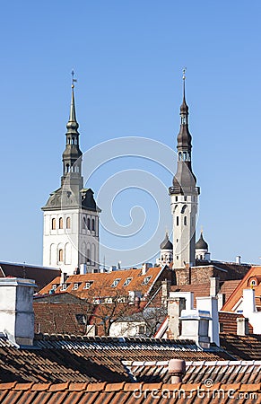 Towers of St. Nicholas church and Town Hall in Tallinn, Estonia