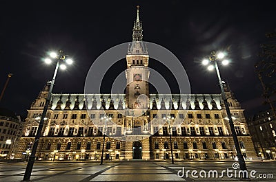 Town hall architecture in Hamburg city at night