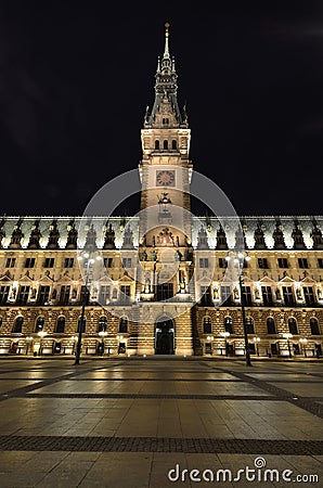 Town hall building in Hamburg city by night
