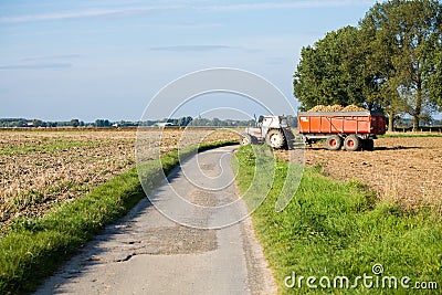 Tractor with a dump full of potatoes