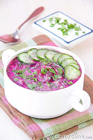 Traditional cold Lithuanian summery soup made of beets, cucumber