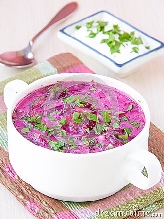 Traditional cold Lithuanian summery soup made of beets, cucumber