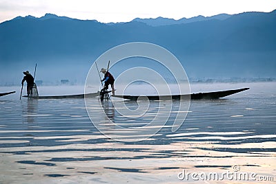 Traditional fishing by net in Inle Lake,Myanmar.