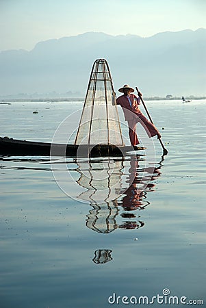 Traditional fishing by net in Inle Lake,Myanmar.