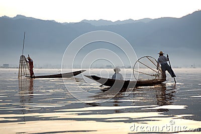 Traditional fishing by net in Inle Lake,Myanmar.