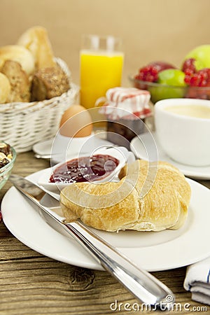 Traditional french breakfast on table in morning