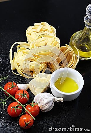 Traditional Italian food tagliatelle with ingredients