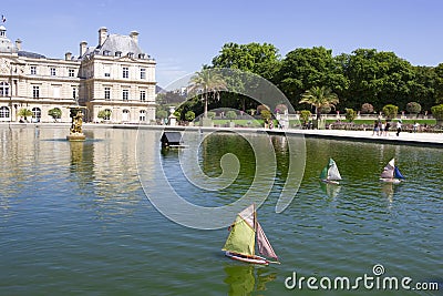 Traditional Small Wooden Sailing Boat In The Pond Of Park Jardin Stock 