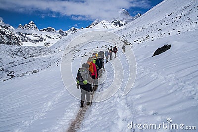 Trail trekking in the Himalayas between Dingboche and Dughla