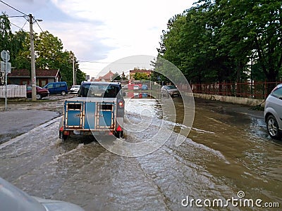 Transport animals to safety through a flooded road with car, eva