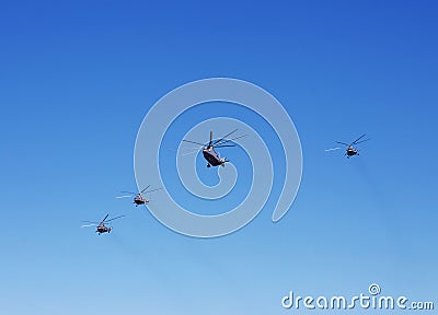 Transport helicopters in flight