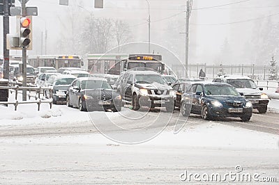 Transport schedule during snowfall in Moscow, Russia