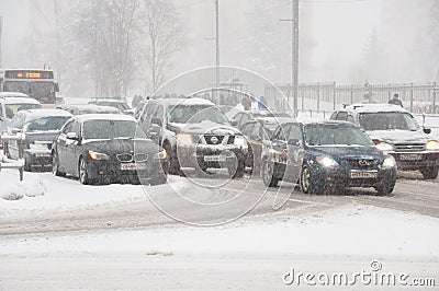 Transport schedule during snowfall in Moscow, Russia