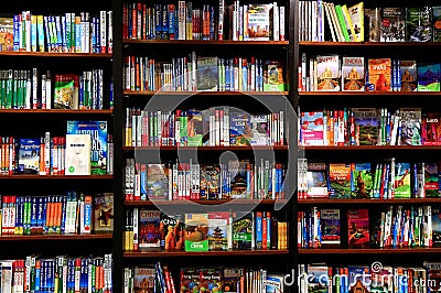 Travel books on bookstore shelves