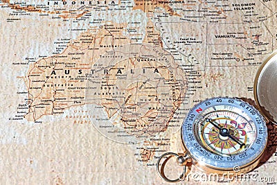 Travel destination Australia, ancient map with vintage compass
