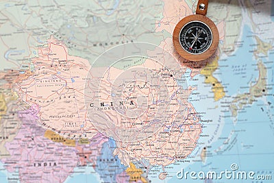 Travel destination China, map with compass