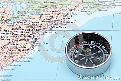 Travel destination New York United States, map with compass