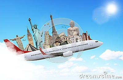 Travel the world monuments plane concept