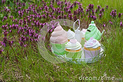 Tray with ice cream, cake box with spring flowers