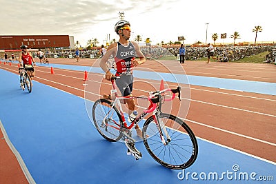 Triathlete Cristian Cofine of Spain on transition