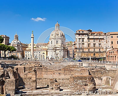 Trojan column, churches of Santa Maria di Loreto and ruins of a forum of Trajan. Rome.