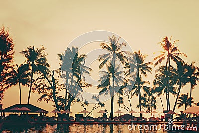 Tropical beach view. Palm trees, rest area.