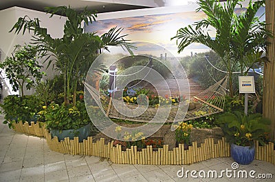Tropical oasis sponsored by Royal Caribbean at Macy s at Herald Square on Broadway in Manhattan