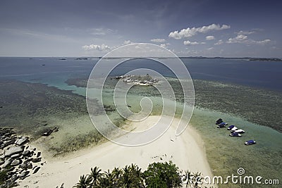 Tropical scene, sandy beach from birds eye view