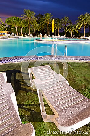 Tropical swimming pool area in vertical view