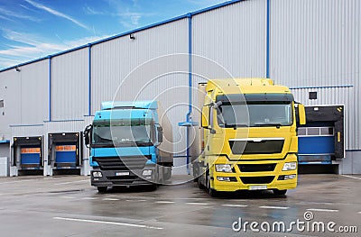 Trucks in warehouse building