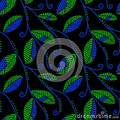 Turquoise and jade leaves at night seamless pattern