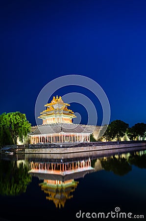 The turret of the forbidden city at dusk in beijing,China