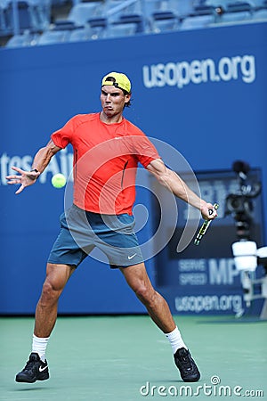 Twelve times Grand Slam champion Rafael Nadal practices for US Open 2013 at Arthur Ashe Stadium